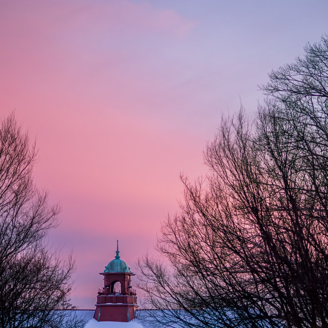A pink sunset with a bell tower in the distance