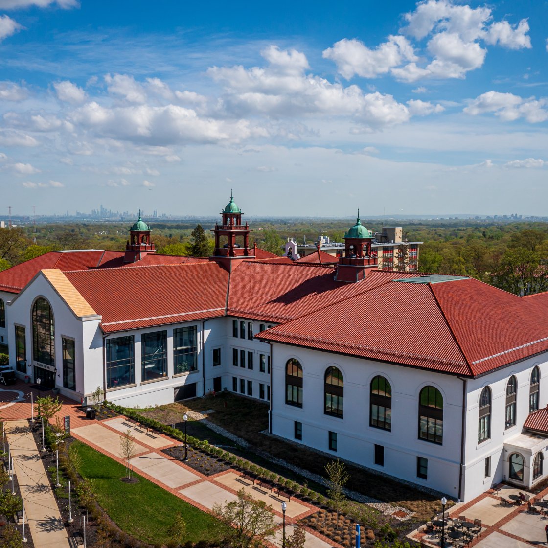 This image shows an aerial view of Cole Hall at Montclair State University.