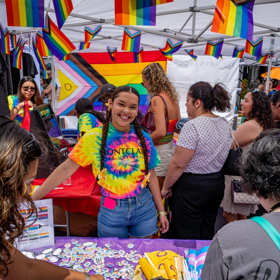Student at pride in a tie dye shirt