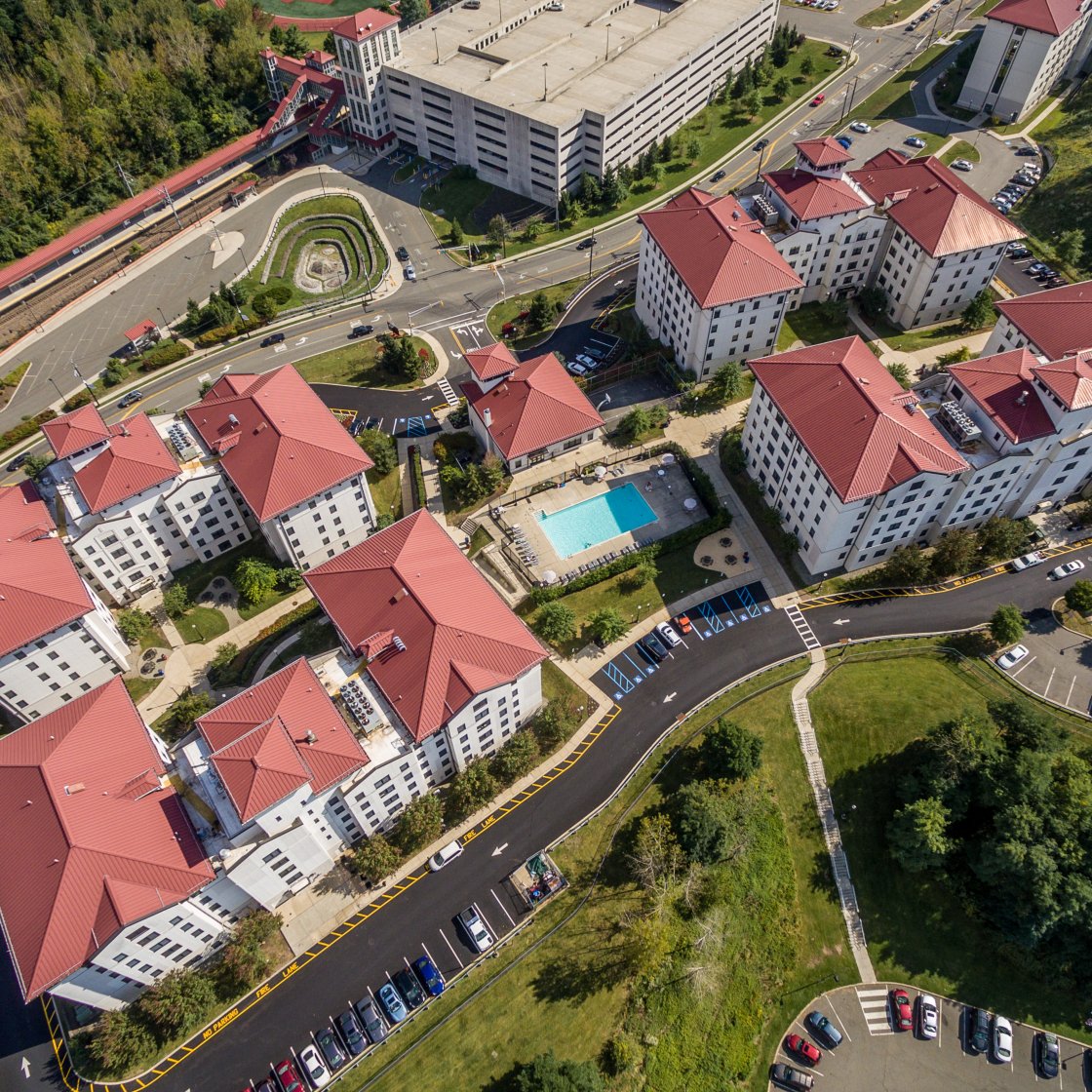 aerial shot of exterior of village apartments