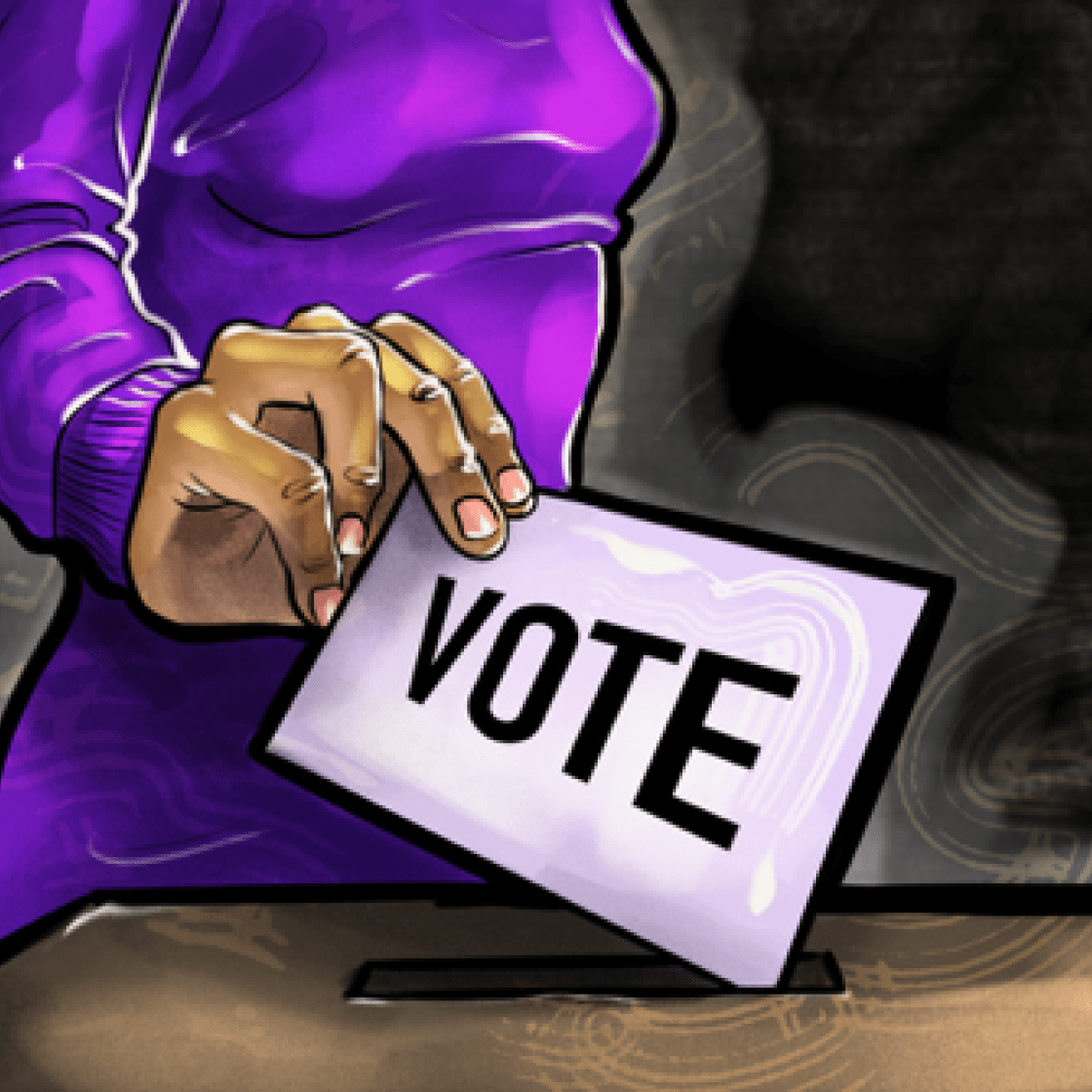 Artwork of a woman holding a vote card.