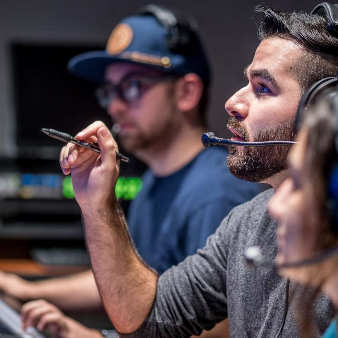 Students in television production room 