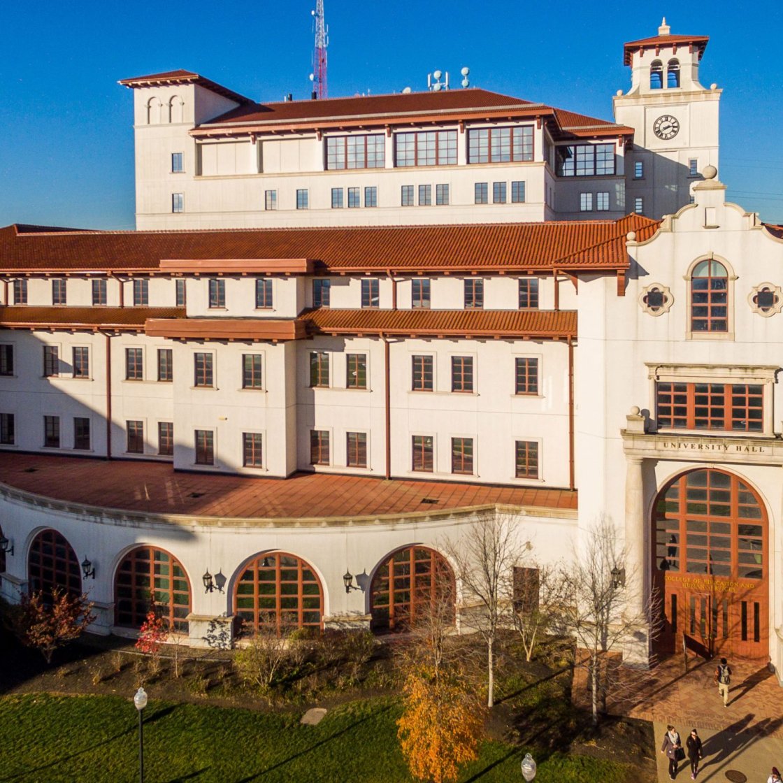 wide, high angle view of University Hall