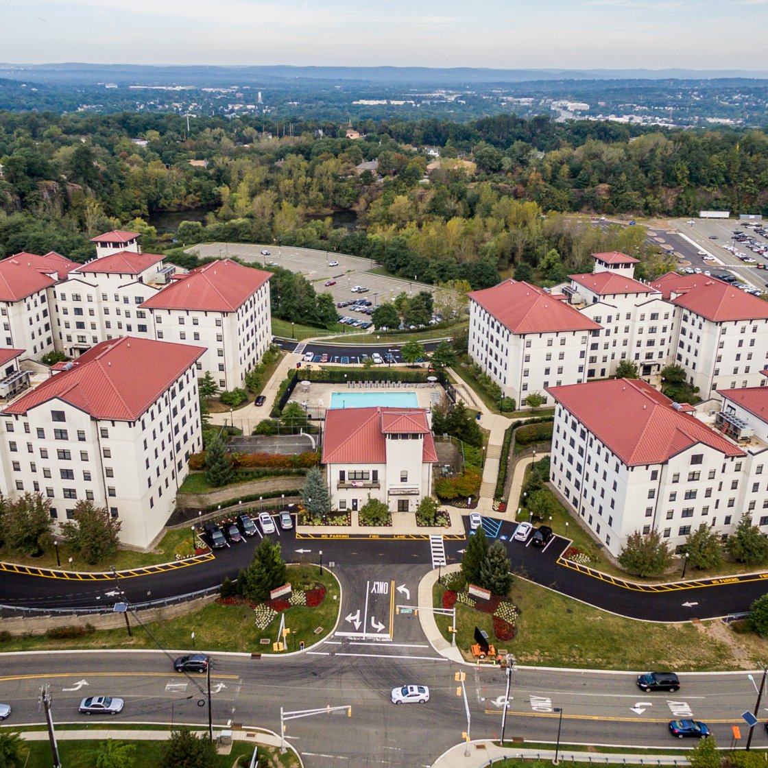 Aerial view of residence halls on Montclair's campus.