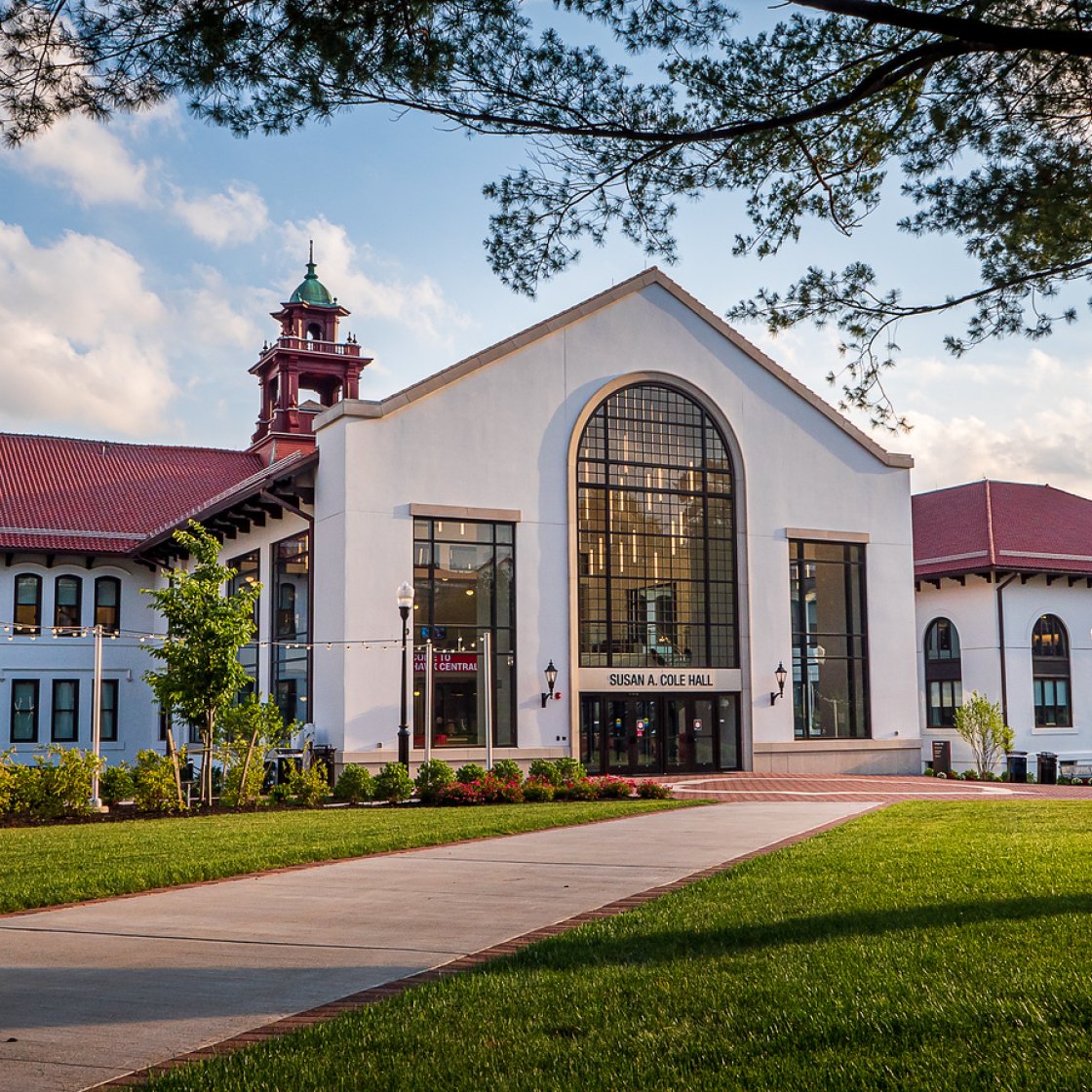 front entrance of Cole Hall with a clear sky