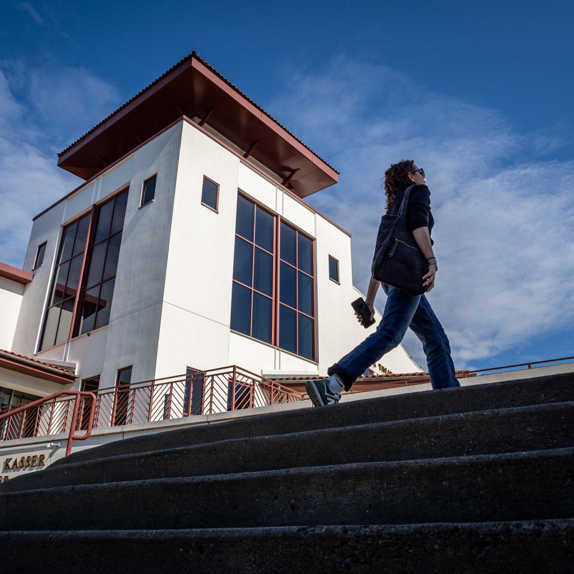 Student talking up stairs 