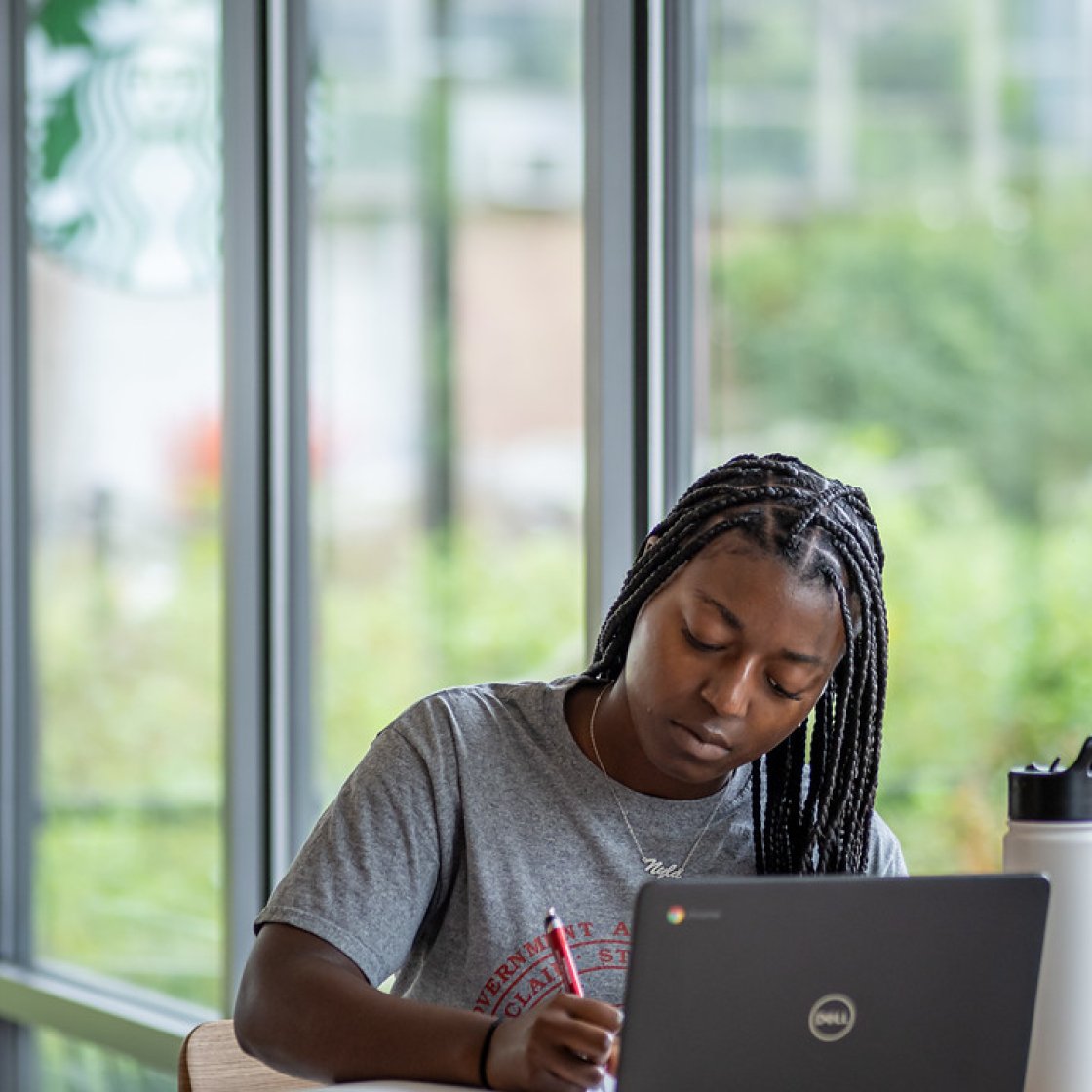 a student studies using her laptop