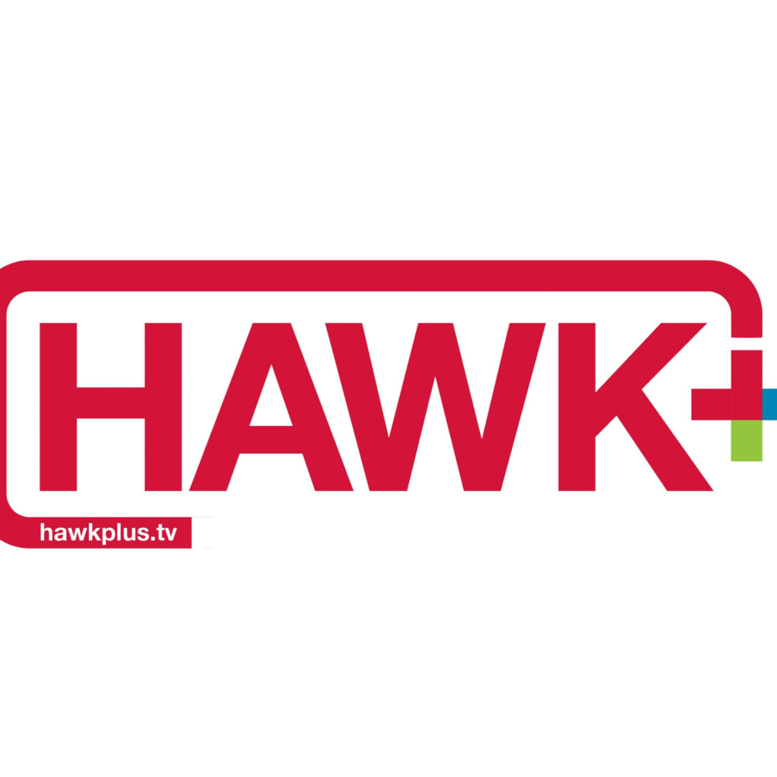 Logo of University's streaming platform, Hawk+. Hawk is in all caps in red font and next to it is a colorful plus sign with a line that extends from the top and circles around to the bottom of the h.