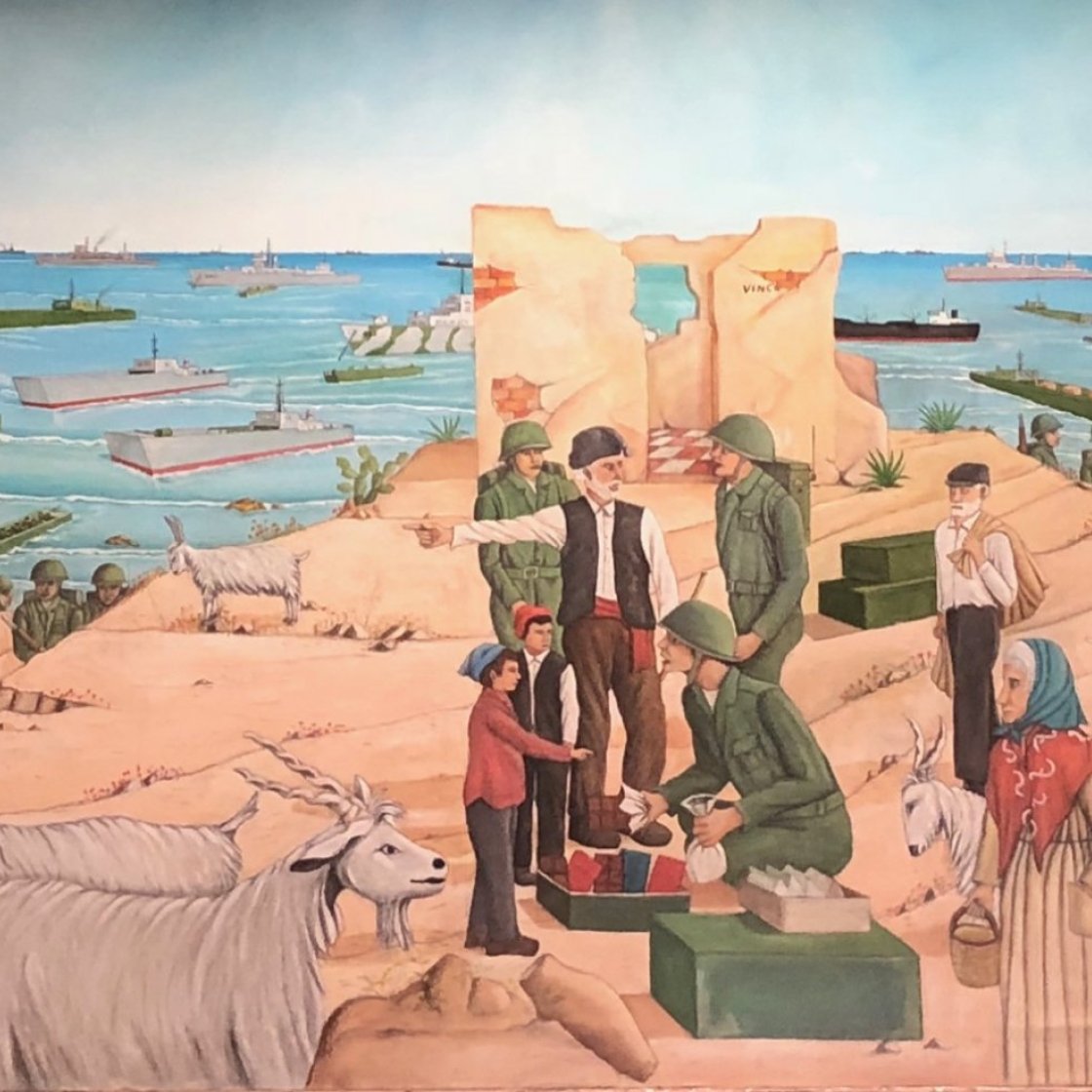 mural titled "Lo sbarco alleato a Licata" (The Allied landing in Licata) was painted by artist Antonino Mazzerbo in 2016