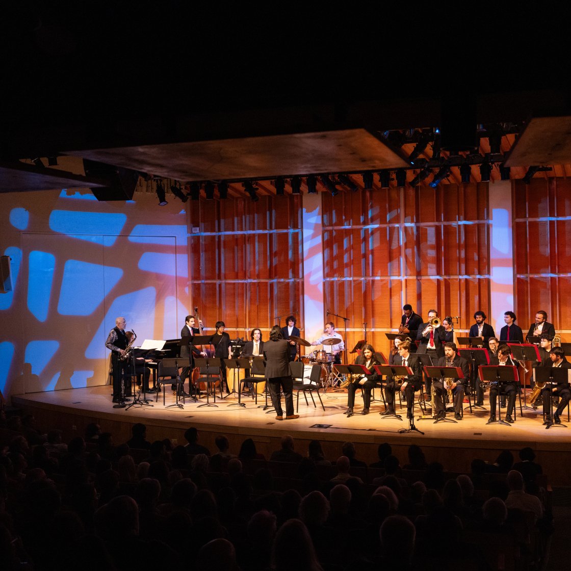 Montclair State University Jazz Ensemble on stage with Paquito D'Rivera at Merking Concert Hall