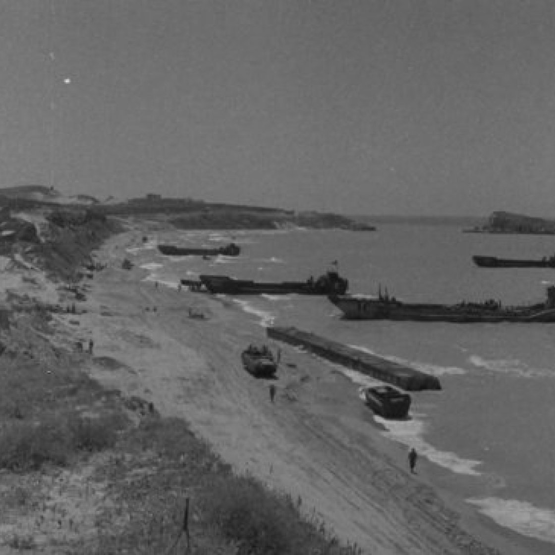 black and white historical photo of Allied landing in Licata, Sicily Italy