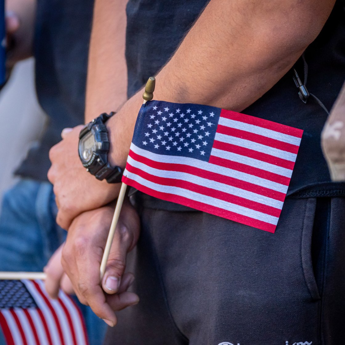 Attendees hold small American flags during a Veterans Day ceremony.