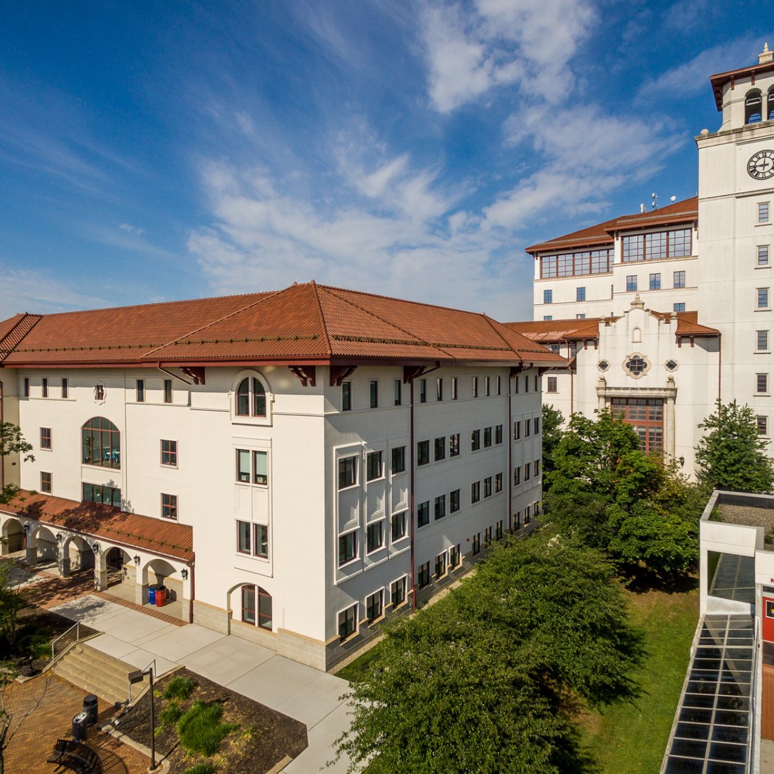 Aerial photograph of the School of Nursing and University Hall buildings.