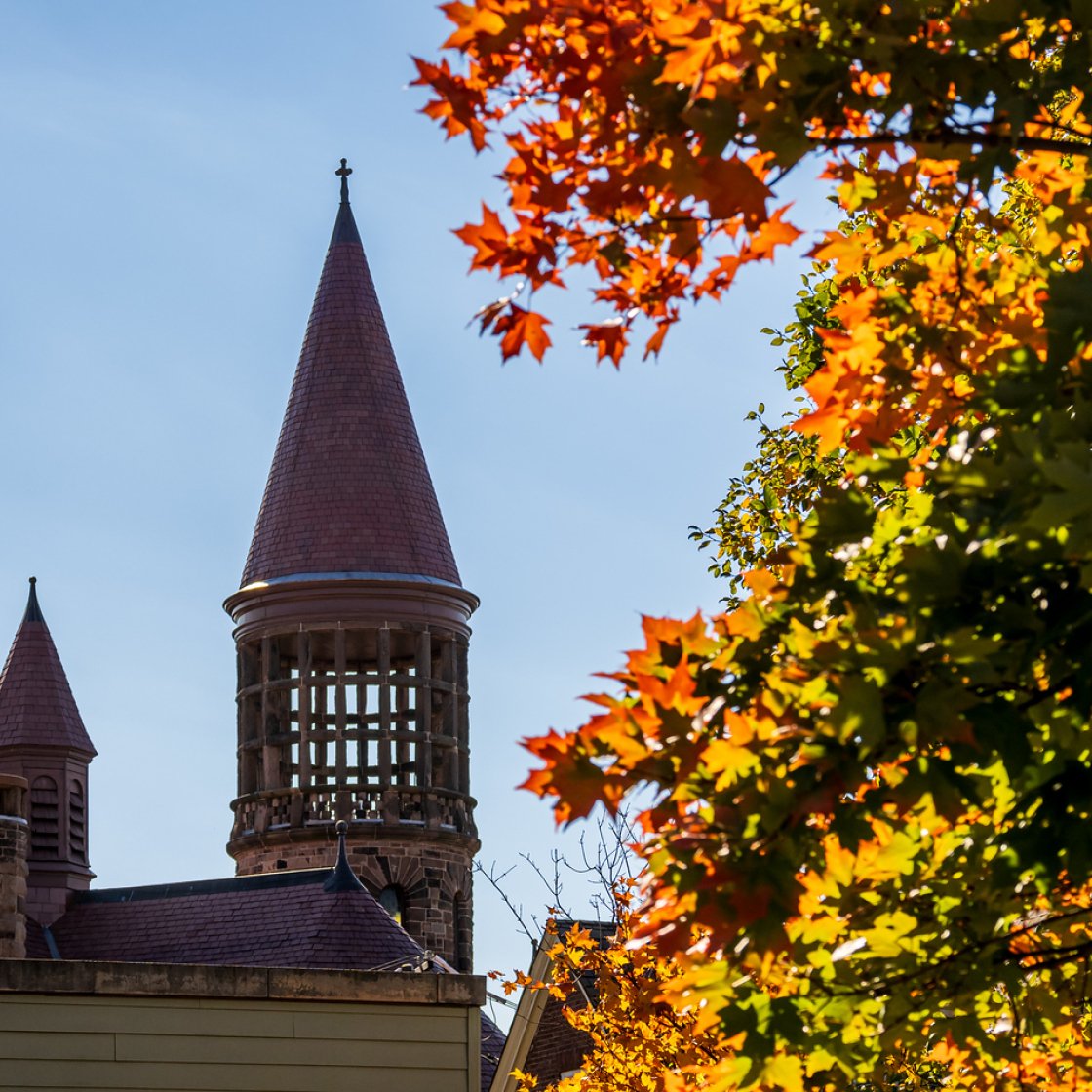 A building tower with fall leaves 