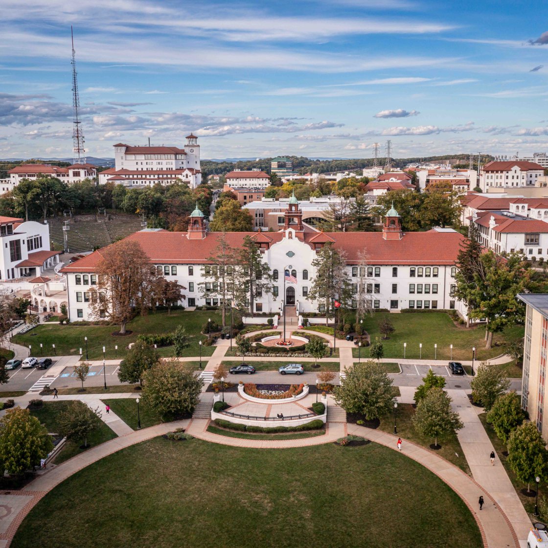 Aerial view of Cole Hall and surrounding buildings.