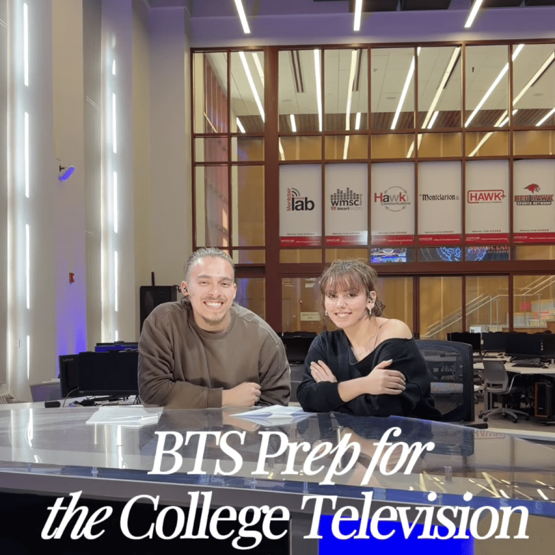 Two students sitting at the anchor desk and smiling, with text below them saying "BTS Prep for the College Television Awards Special."