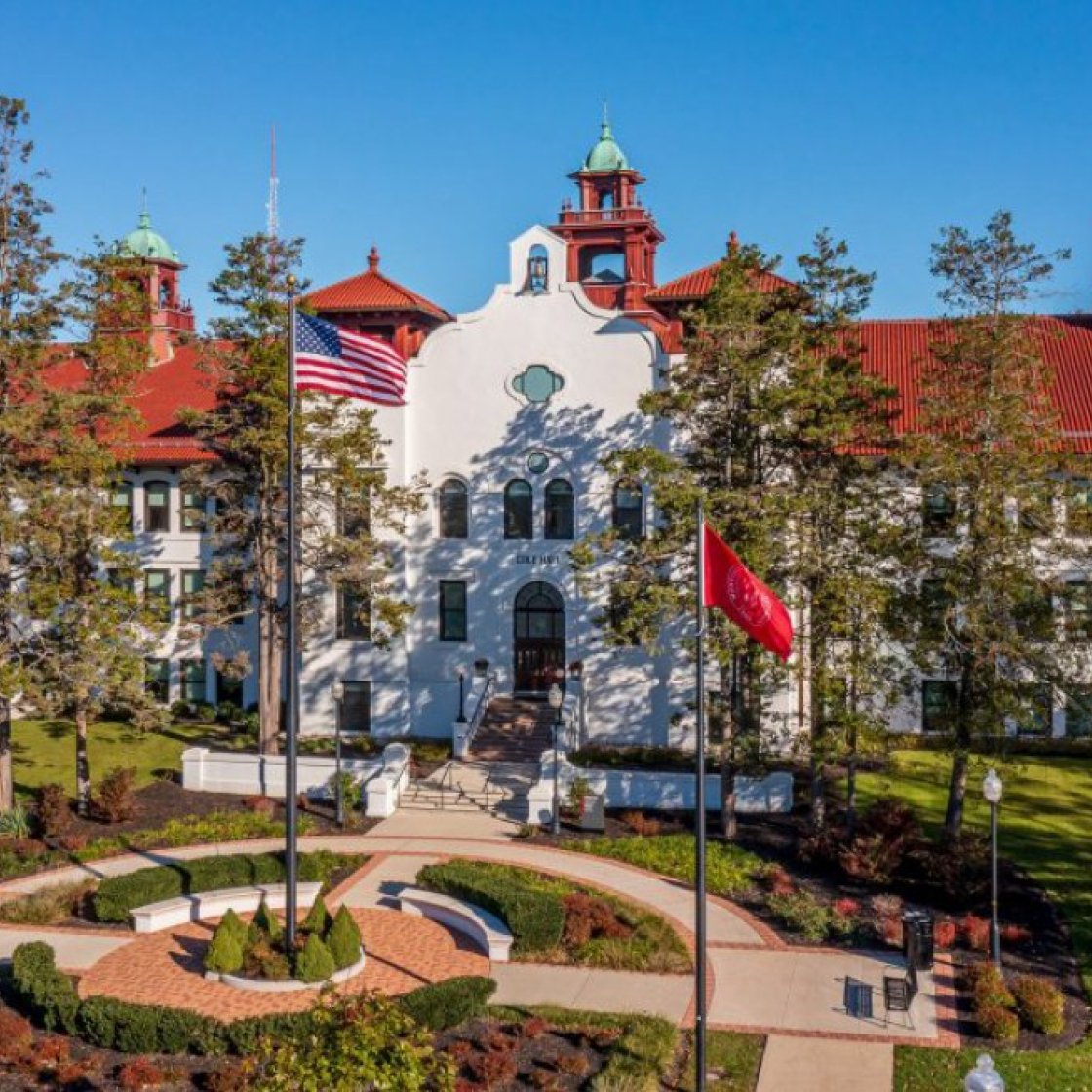 An exterior, aerial view of Cole Hall at Montclair State University