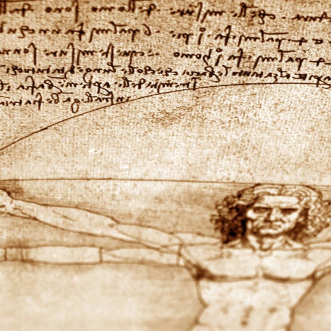 A piece of parchment with script writing and the drawing of a man with outstretched arms 
