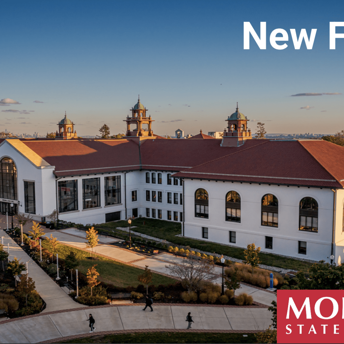 cover image of the new faculty viewbook, including an aerial view of cole hall and a label of New faculty and a montclair logo