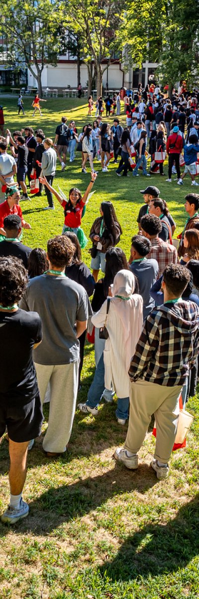 A group of people standing in a field of grass in the sun. 