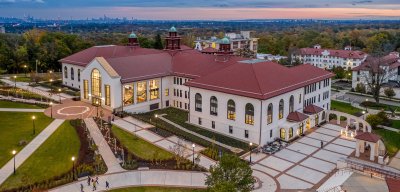 An aerial view of Cole Hall at Sunset
