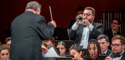 Trumpet performer on stage at the MET museum