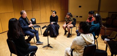 clarinet Pathways students on stage with clarinetest David Krakauer