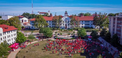 Aerial view of Montclair campus on Red Hawk Day