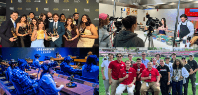 Collage of three scenarios that demonstrate the versatility of the college of communication and media. First you have students holding awards and on film sets, then below that we have students in VR headsets in uv lighting, and lastly we have our sports students on the baseball field.