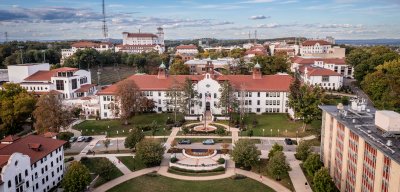 Aerial view of Cole Hall and surrounding buildings.
