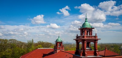 aerial view of Cole Hall red roof and tower