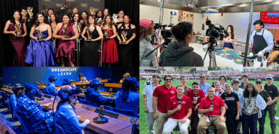 ollage of three scenarios that demonstrate the versatility of the college of communication and media. First you have students holding awards and on film sets, then below that we have students in VR headsets in uv lighting, and lastly we have our sports students on the baseball field.