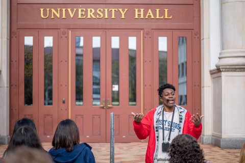 Richard Steiner-Otoo addresses students outside University Hall.
