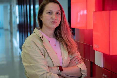 Alena Arzamastseva, shown inside Montclair State University’s School of Communication and Media.