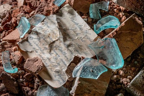 Handwritten message surrounded by glass pieces from broken bottle laid on bricks