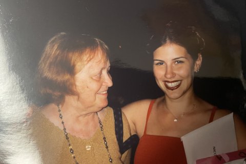 Montclair State University Professor Nicole Archer poses with her former art history professor Cris Hassold.