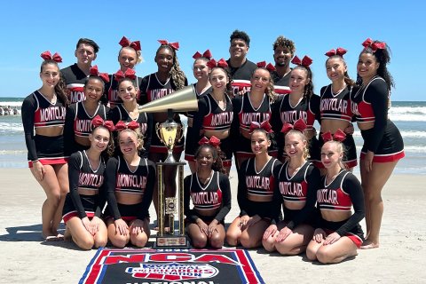 Montclair State University Cheer Team members celebrate in Daytona Beach, Florida.