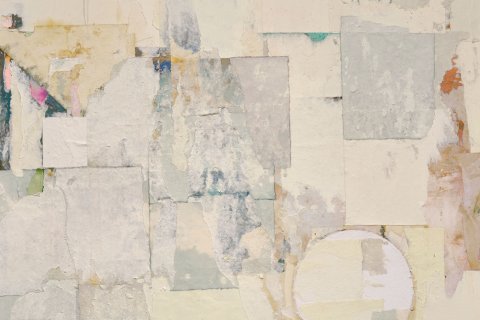 Nancy Bergman Pantirer’s Metaphorically, 2024, a mixed media collage and acrylic on canvas.