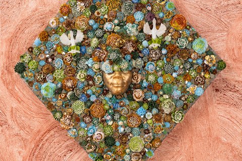 Bloom in hues of Blue, Green, Brown, 2024. Cast, blown, fused, mirrored glass, and 23k gold leaf on custom frame by artist Layo Bright.