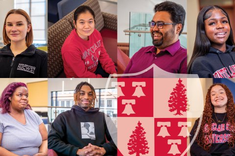 A collage of seven students.