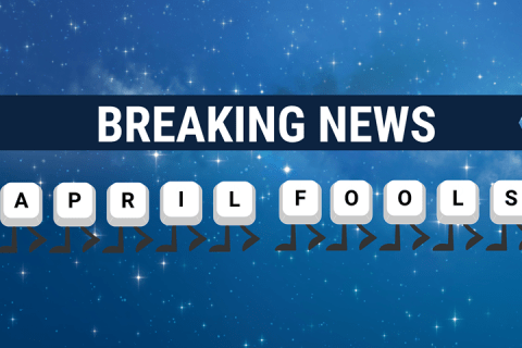 Keyboard keys that spell out "April Fools" holding a banner that says Breaking News