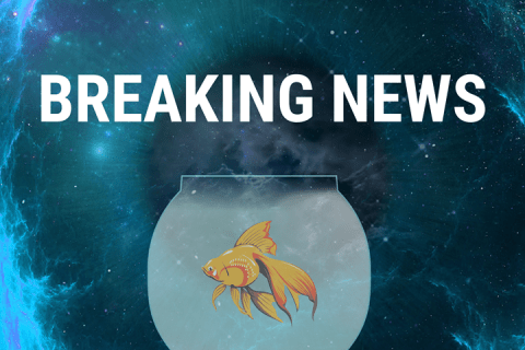 A fish in a fishbowl floating in space with a Breaking news banner