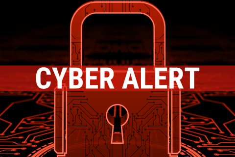 A black and red background with a lock in the middle that has a banner reading Cyber Alert.