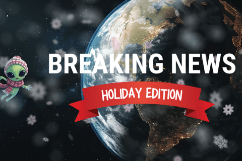 Alien in winter attire floating in space while it snows with a banner that says Breaking News Holiday Edition.