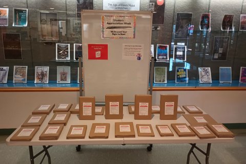 a display of many wrapped banned books and a whiteboard explaining it