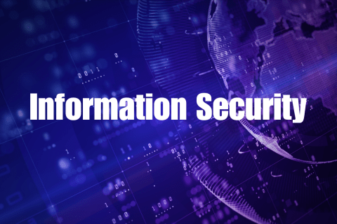 Purple and blue background with a globe and a banner saying Information Security