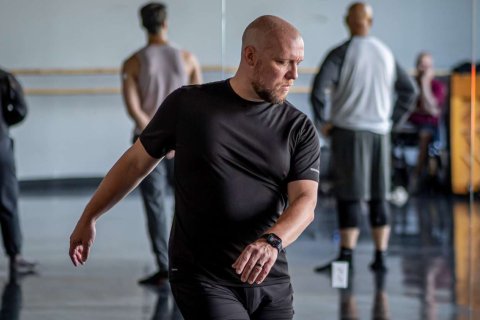 Jason Cameron runs through choreography in Montclair State University’s dance studio during the summer 2024 MFA in Dance intensive session.