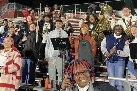 The Pep Band in the stands of a football game