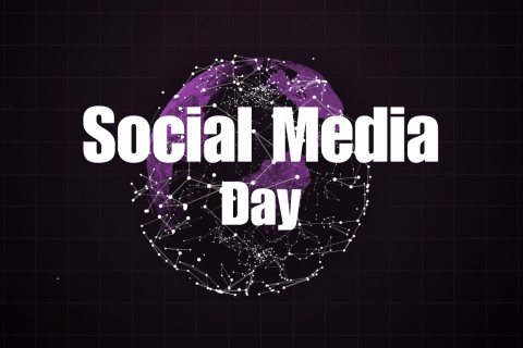 Black background with a purple Earth and a banner that says Social Media Day.