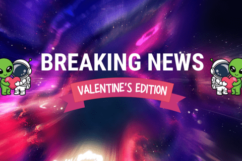 Alien and astronaut holding hearts around a banner that says Breaking News Valentine's Day Edition